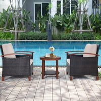 3 Piece Patio Sofa Set, 2 Rattan Chairs w/ 2-Tier Coffee Table