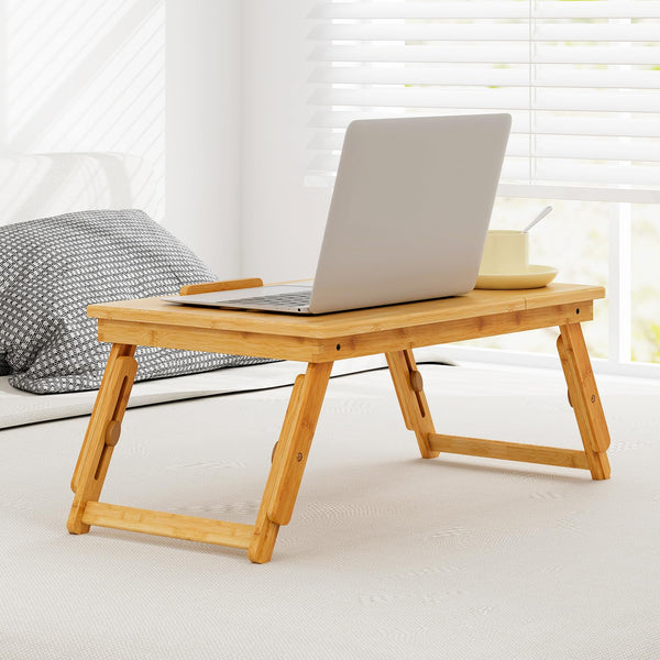 Giantex Bamboo Laptop Lap Tray w/Adjustable Legs & Tilting Heat-Dissipation Top