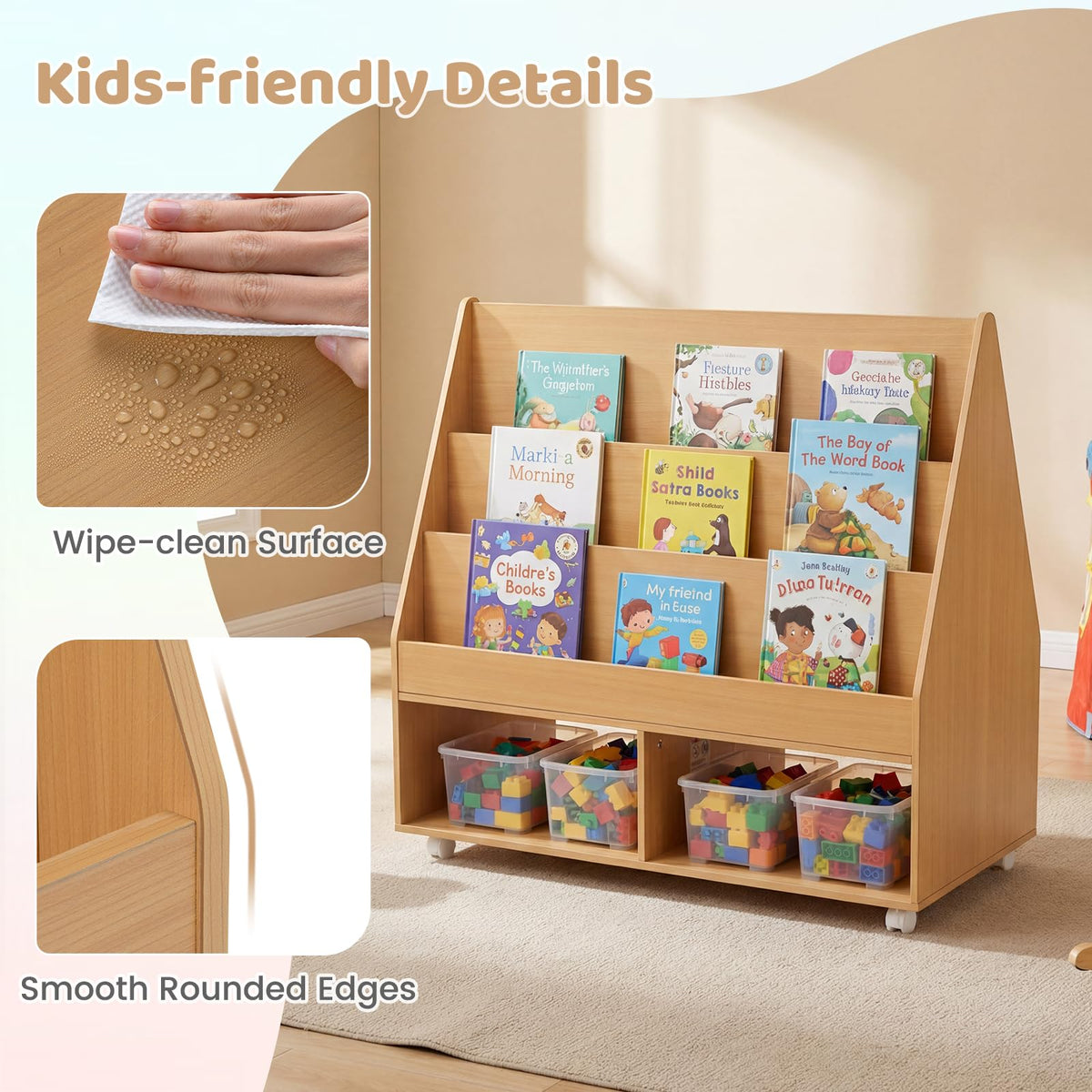 Double-Sided Kids Bookshelf on Wheels with Chalkboard and Open Cubes