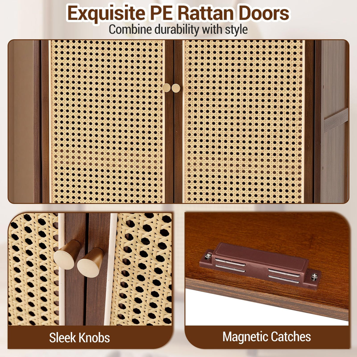 Bamboo Shoe Cabinet with Woven Rattan Doors for Entryway