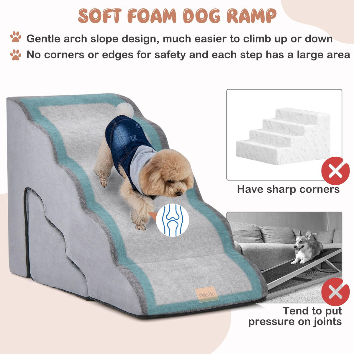 Foam Pet Stairs Set w/5-Tier & 3-Tier Dog Ramps, Non-Slip & Gentle-Slope Wide Dog Steps