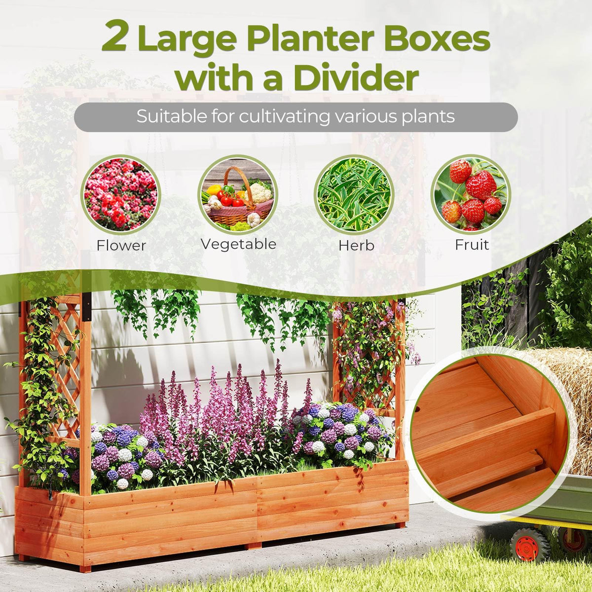 Raised Garden Bed with 2-Sided Trellis & Hanging Roof, Fir Wood Planter Box