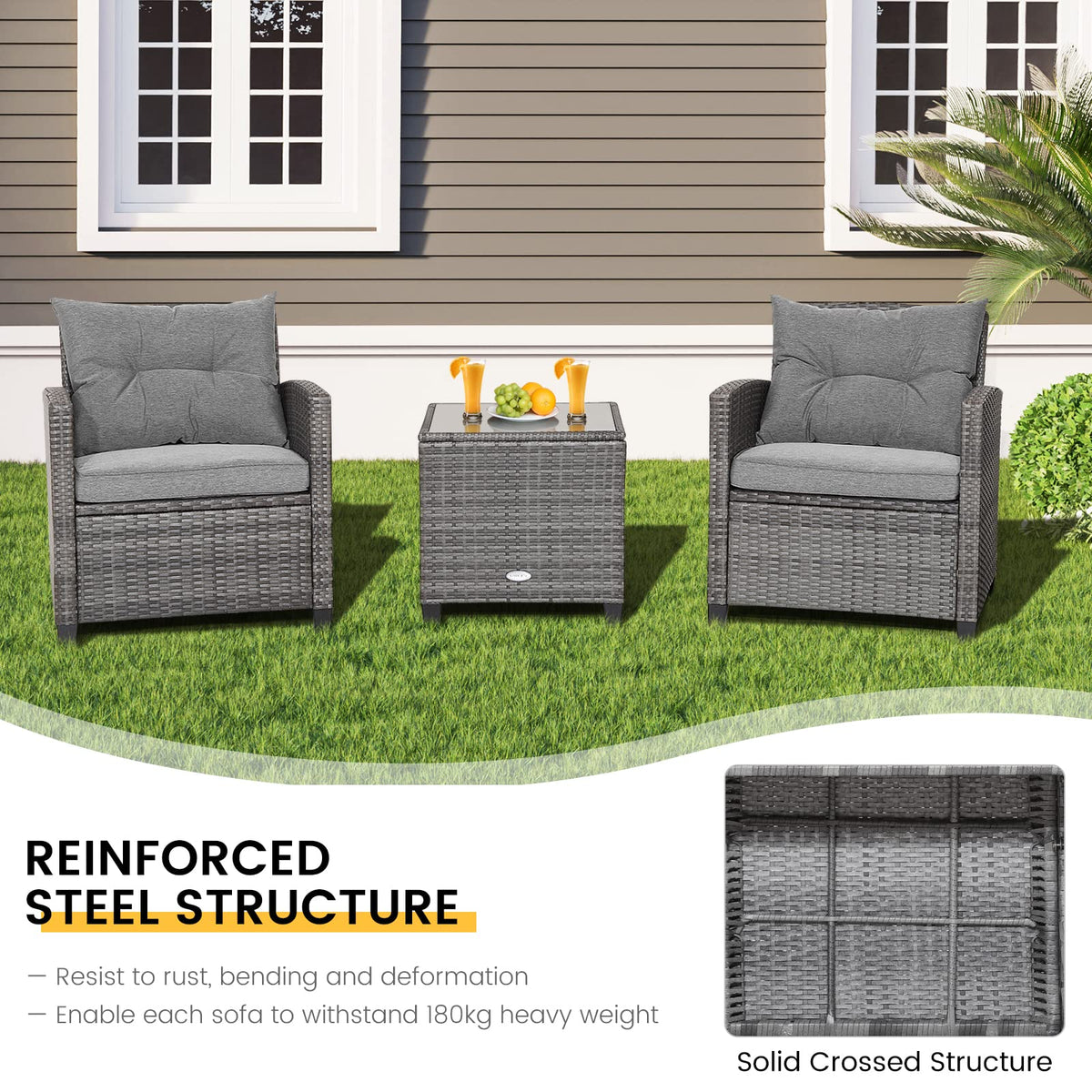 3 Pieces Patio Rattan Sofa Set with Soft Seat for Poolside & Backyard