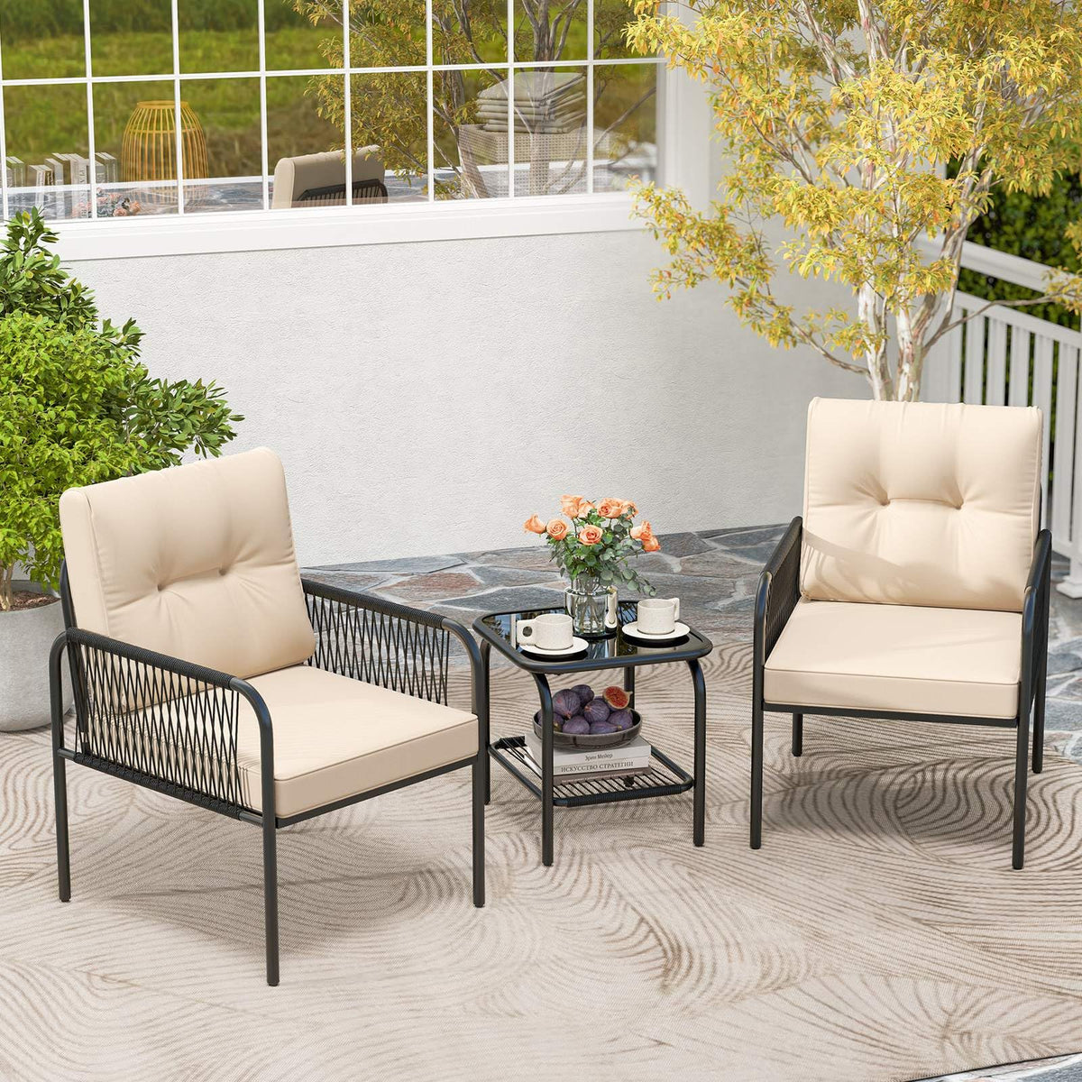 3 Pieces Patio Bistro Set, PE Rattan Furniture Set