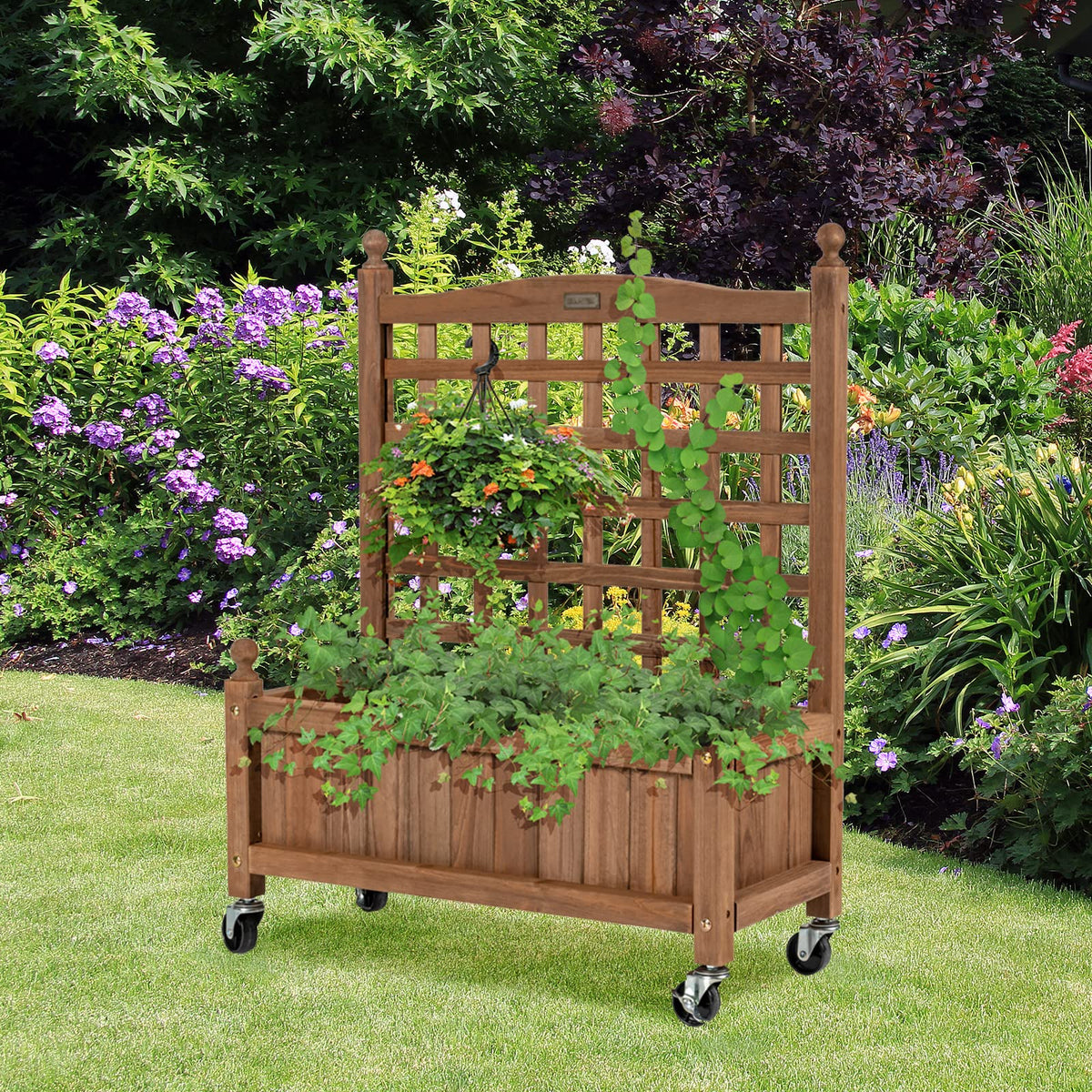 Giantex Mobile Plant Raised Bed, Solid Wood Planter Bed w/ High Lattice Trellis