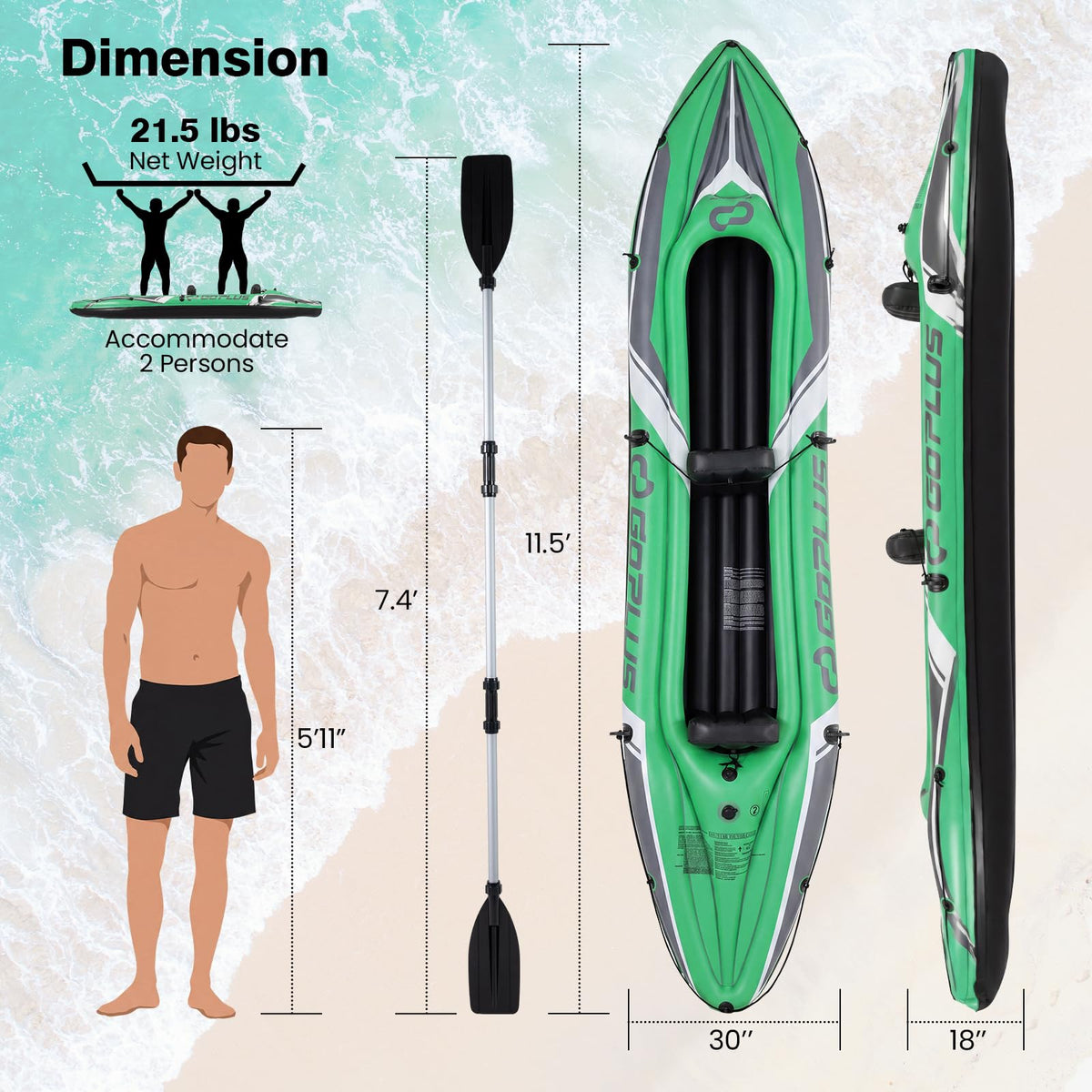 Inflatable Kayak 2 Person, 11.5 FT Tandem Touring Kayak