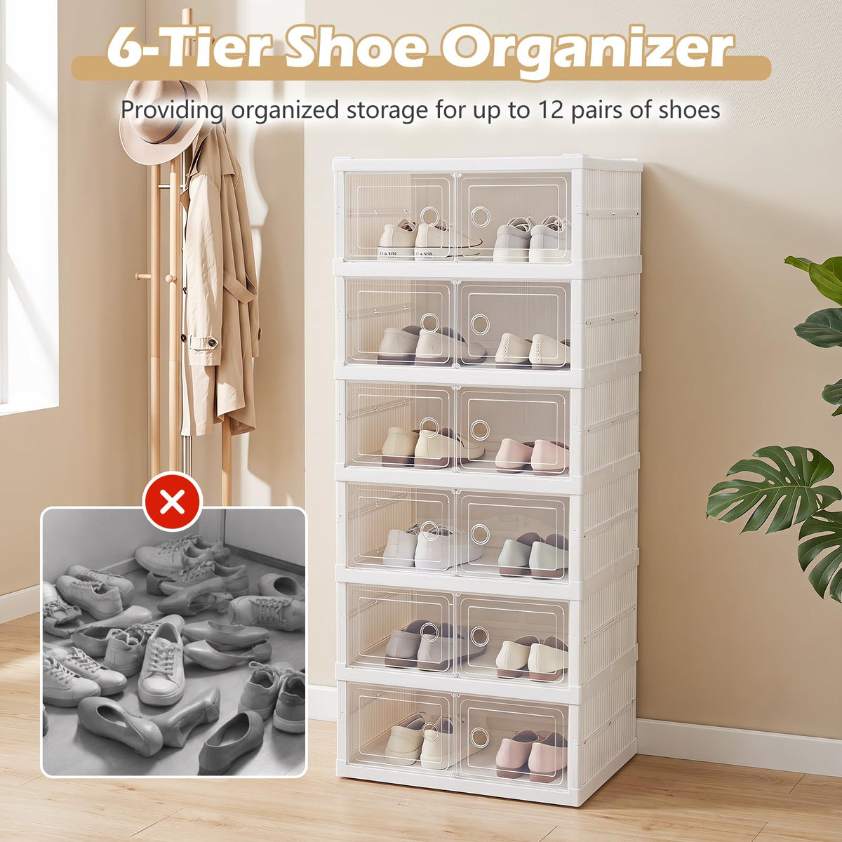 6-Tier Folding Plastic Shoe Organizer with Clear Doors and 12 Pairs for Entryway