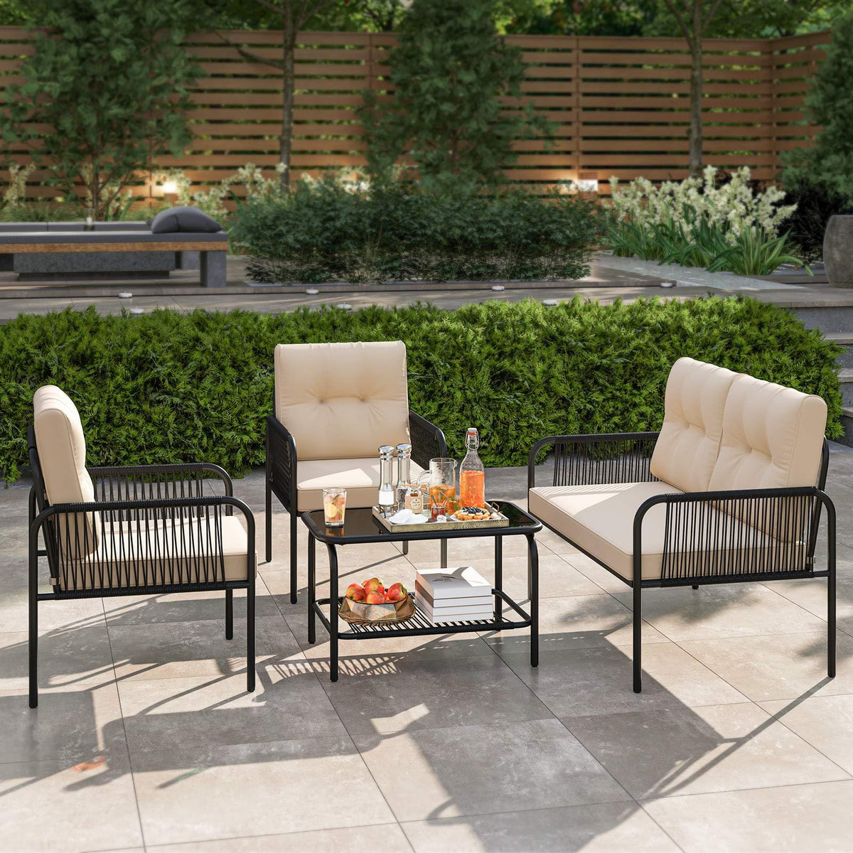 4 Pieces Patio Furniture Set, PE Rattan Sofa Chairs