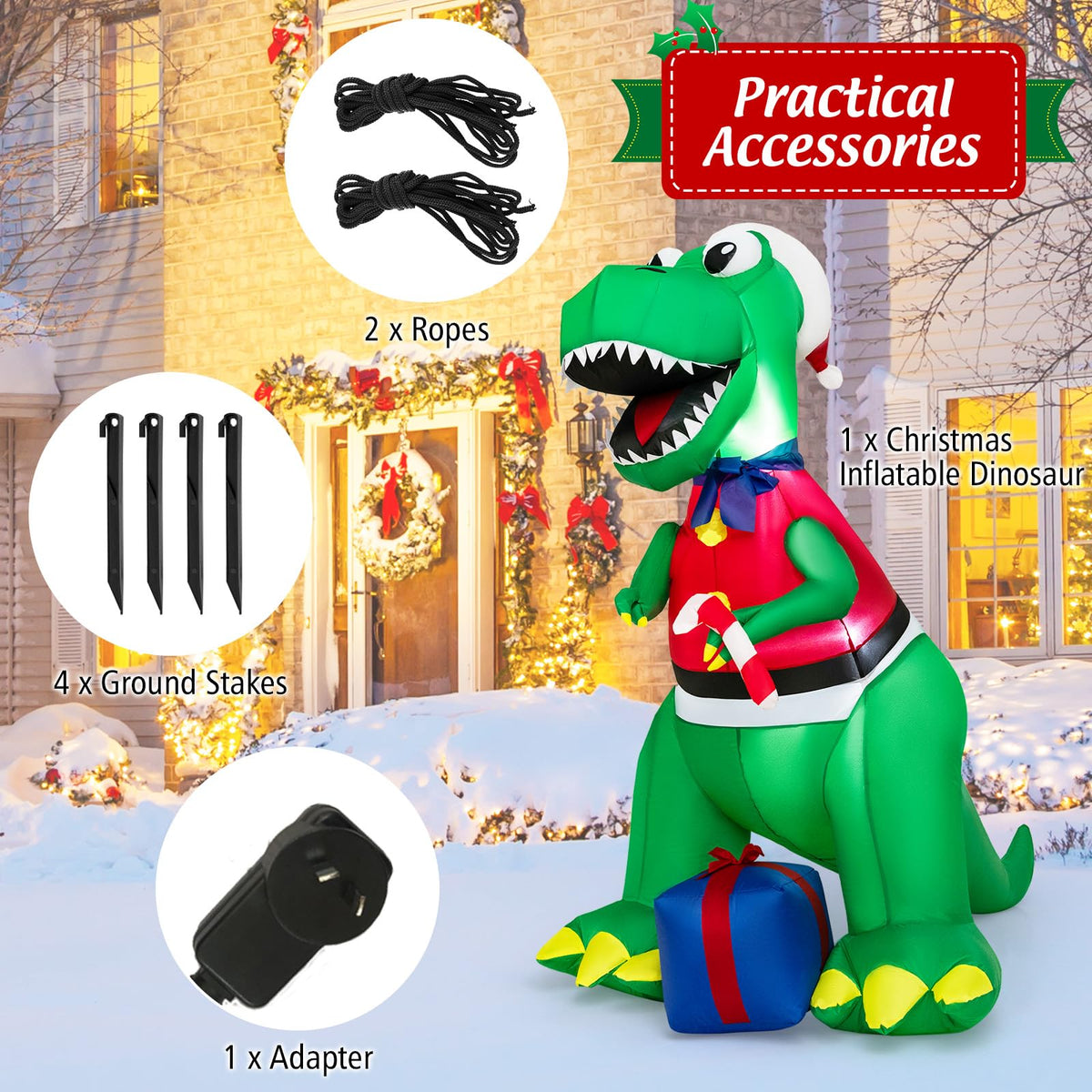 1.82M Inflatable Christmas Dinosaur with Gift for Indoor/Outdoor