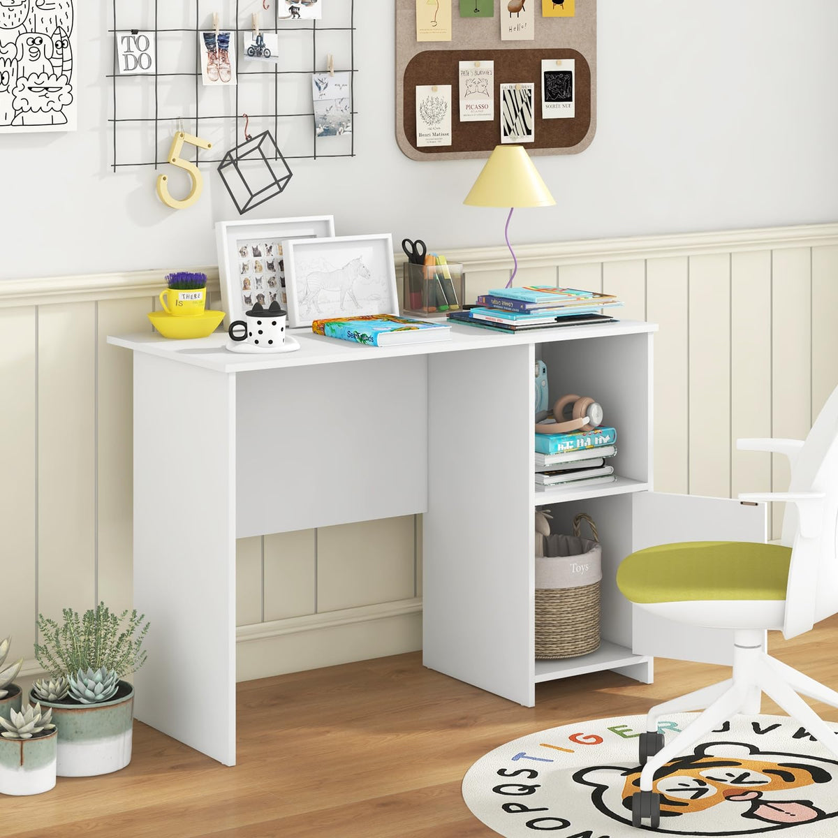 Modern Computer Desk with Cabinet, Writing Study Desk with Cable Holes & Open Shelf