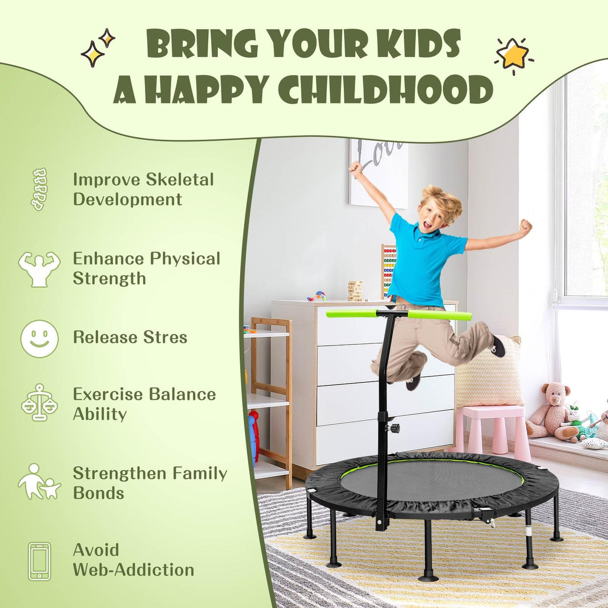 Foldable Mini Trampoline with Height Adjustable Handrail for Kids Adults