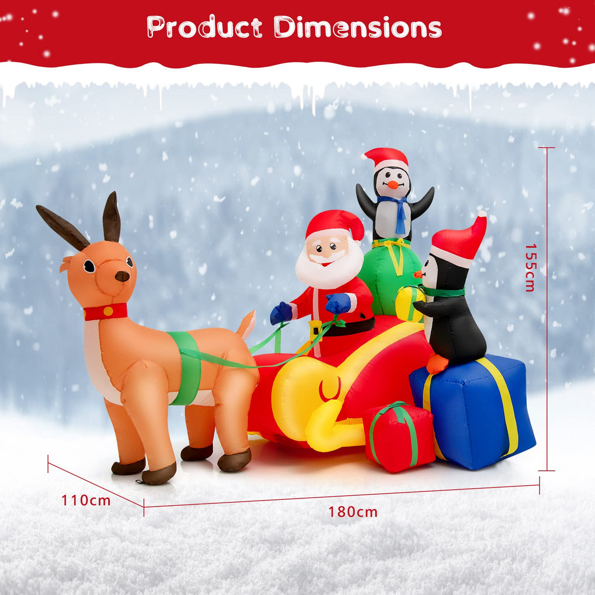 180CM Christmas Inflatable Lighted Santa Claus on Reindeer Sleigh