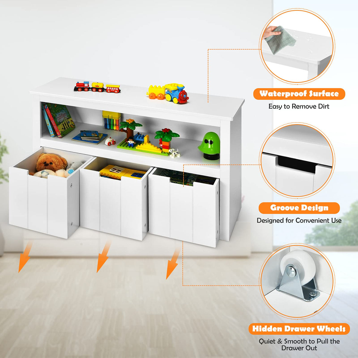 Kids Toy Storage Cabinet with 3 Removable Drawers, Rolling Wheels & Open Shelf