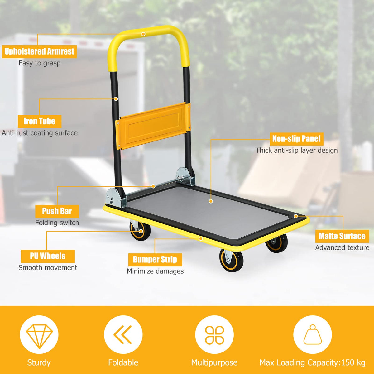 Folding Push Cart Dolly, Moving Hand Truck, Rolling Flatbed Cart for Loading