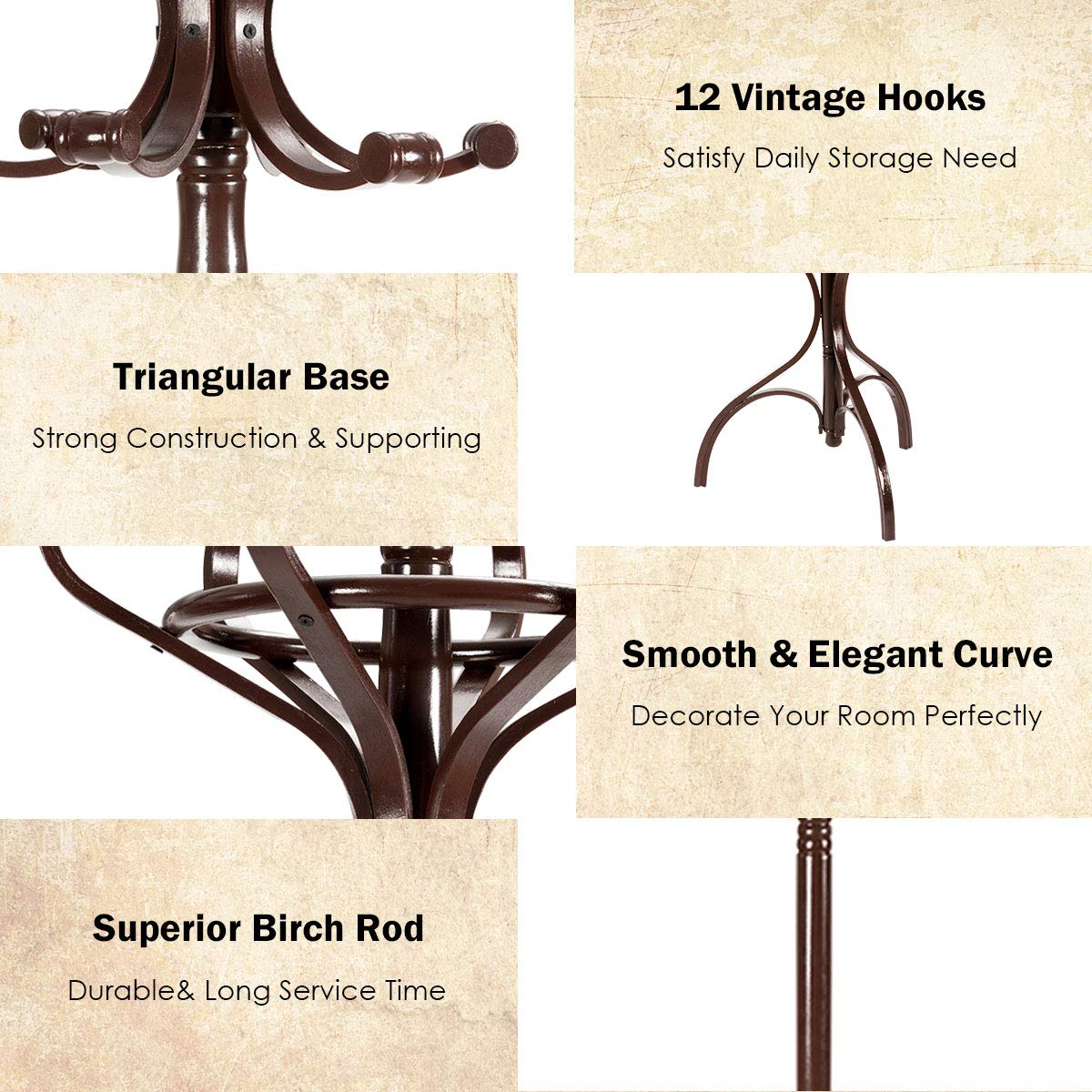 Wooden Coat Rack, Coat Stand w/ Umbrella Holder & 12 Hooks, 360°Rotating Top Tier
