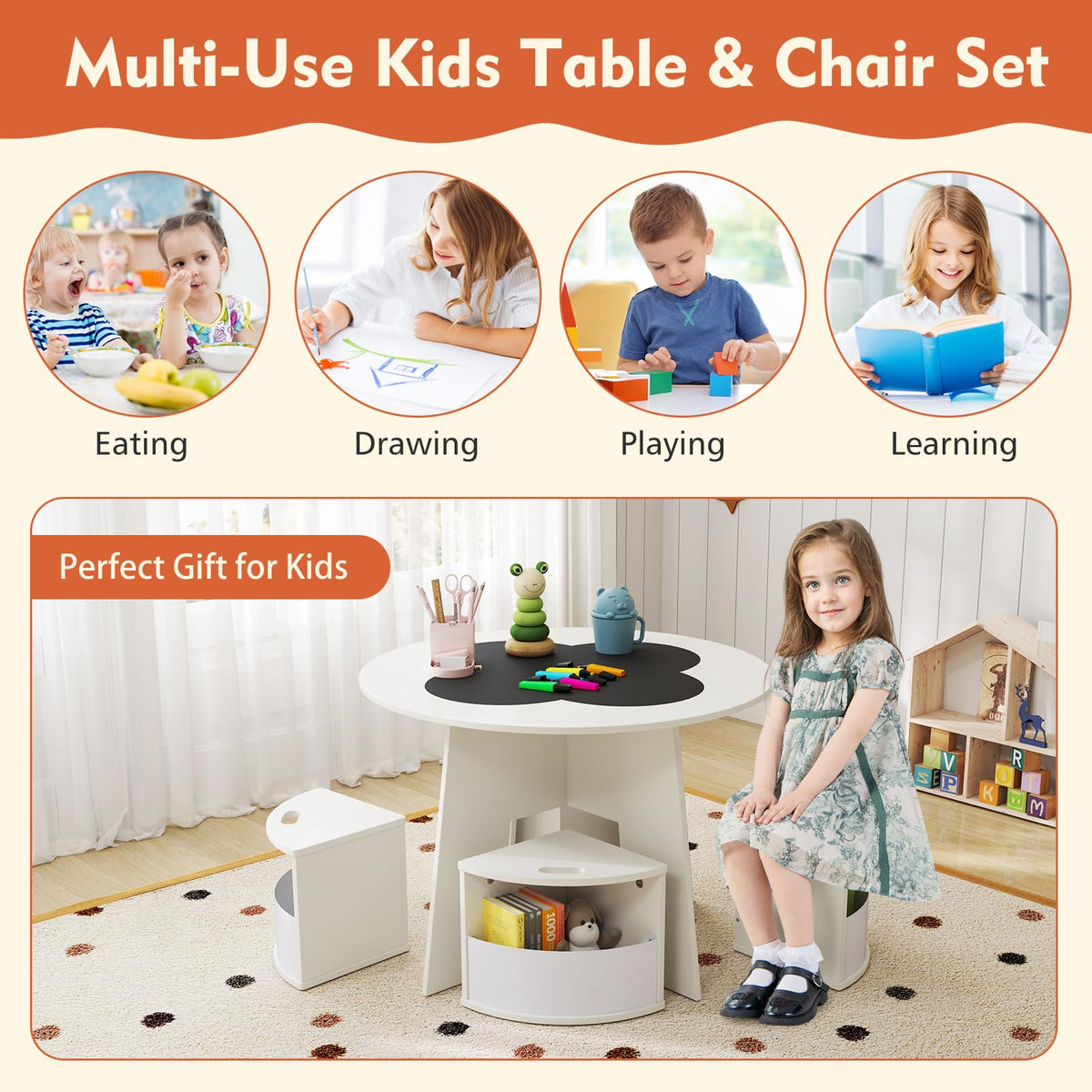 5 PCS Kids Table and Chair Set with 4 Storage Stools and Blackboard