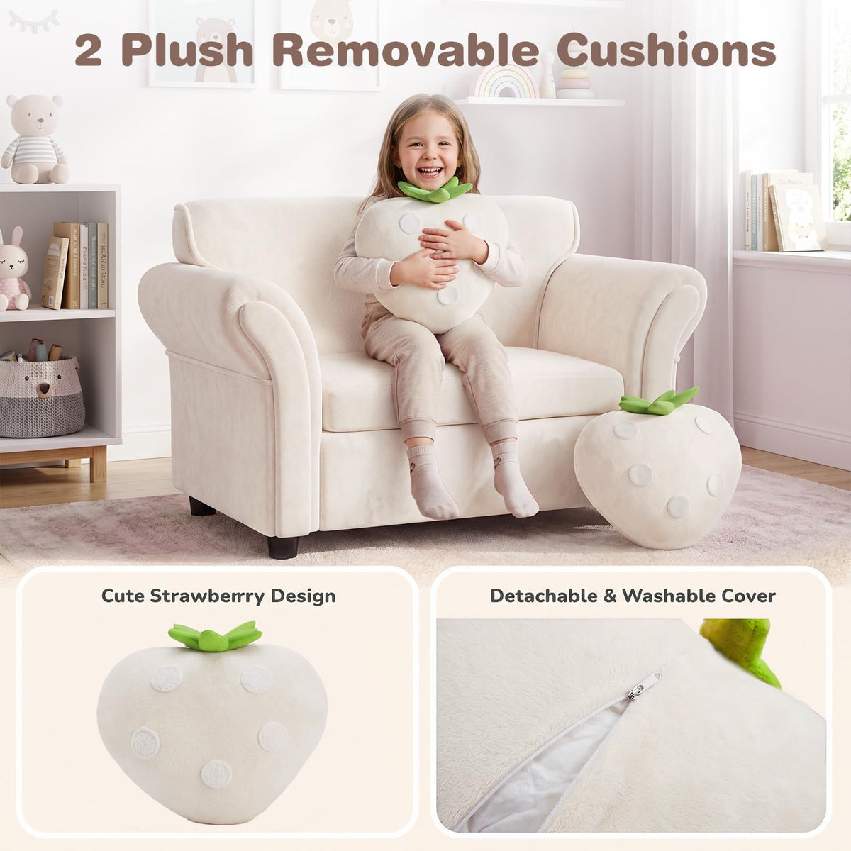 Kids' Couch with 2 Strawberry Throw Pillows with Flannel Upholstery and Solid Wooden Frame