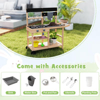Outdoor Fir Wood Play Kitchen w/Blackboard, Planting Pots, Sink
