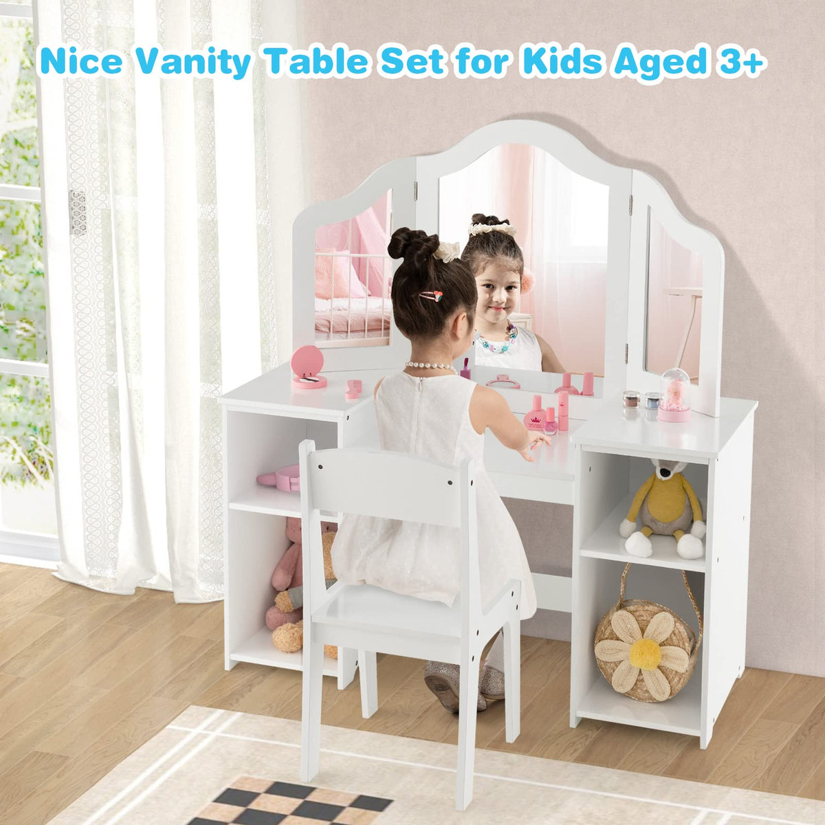 2 In 1 Kids Vanity Table and Chair Set with Removable Tri-fold Mirror for Girls Aged 3+
