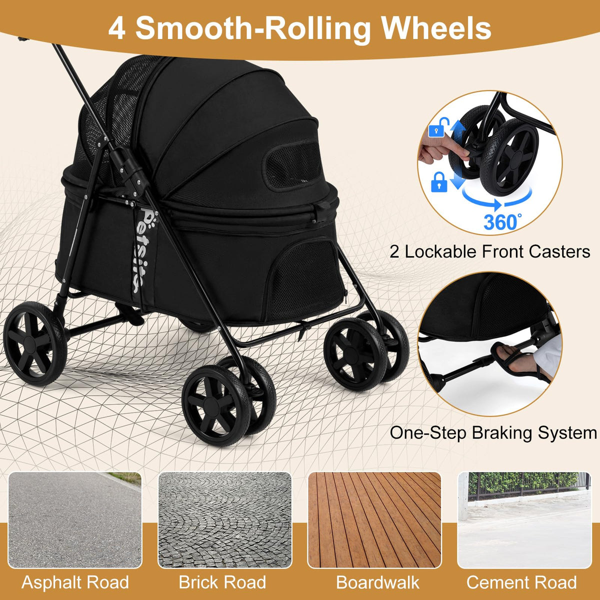 Pet Stroller for Dogs with 360 Swivel Wheels and One Step Brake