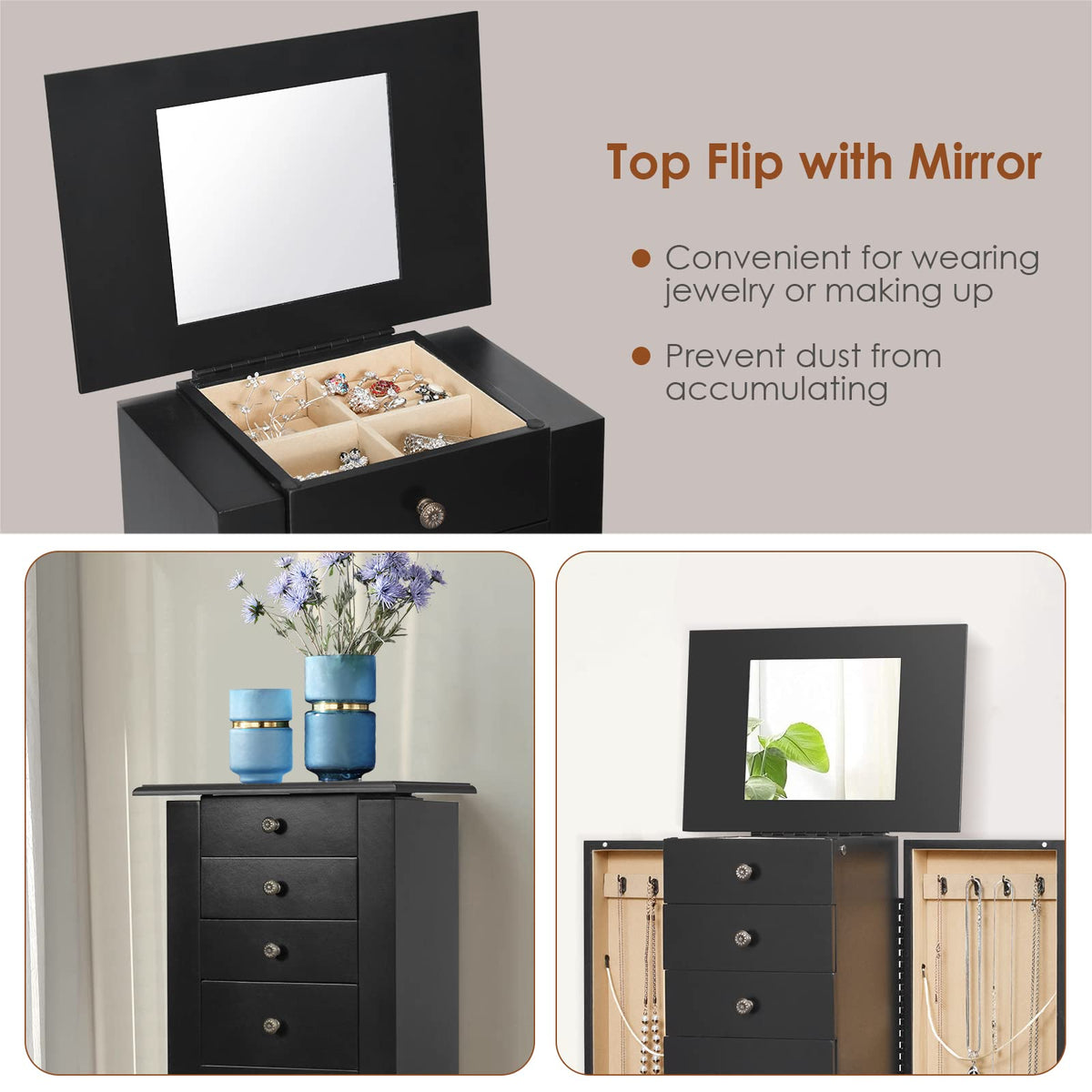 Jewelry Armoire Cabinet, Top Flip Mirror, 4 Drawers, Top 4 Compartments