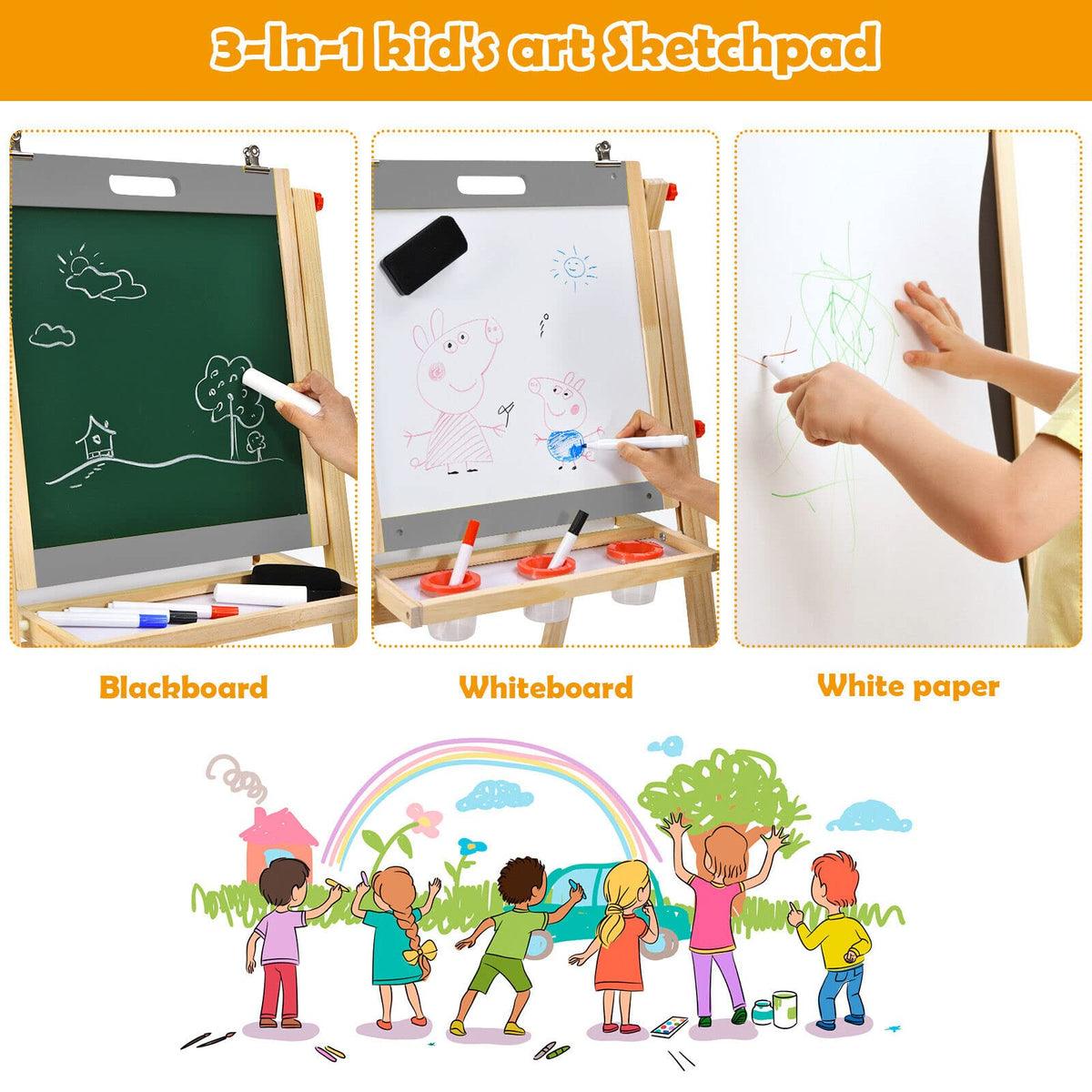 3-In-1 Foldable Kids Easel with Adjustable Height and Chalks Pens