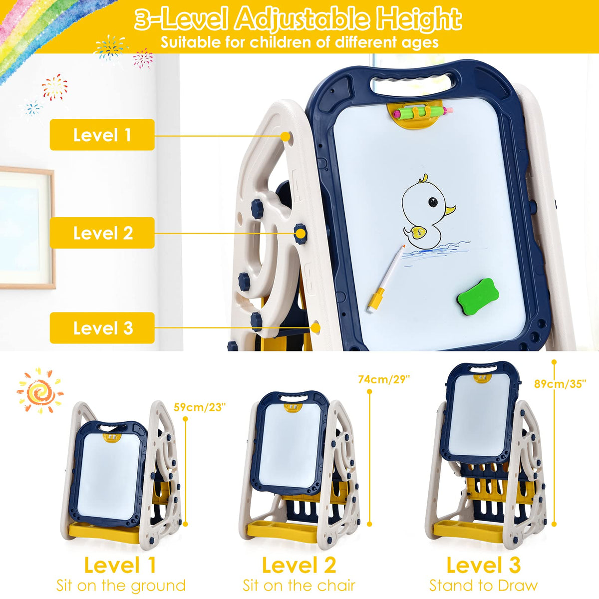 3 in 1 Kids Art Easel, Double Sided Whiteboard & Chalkboard