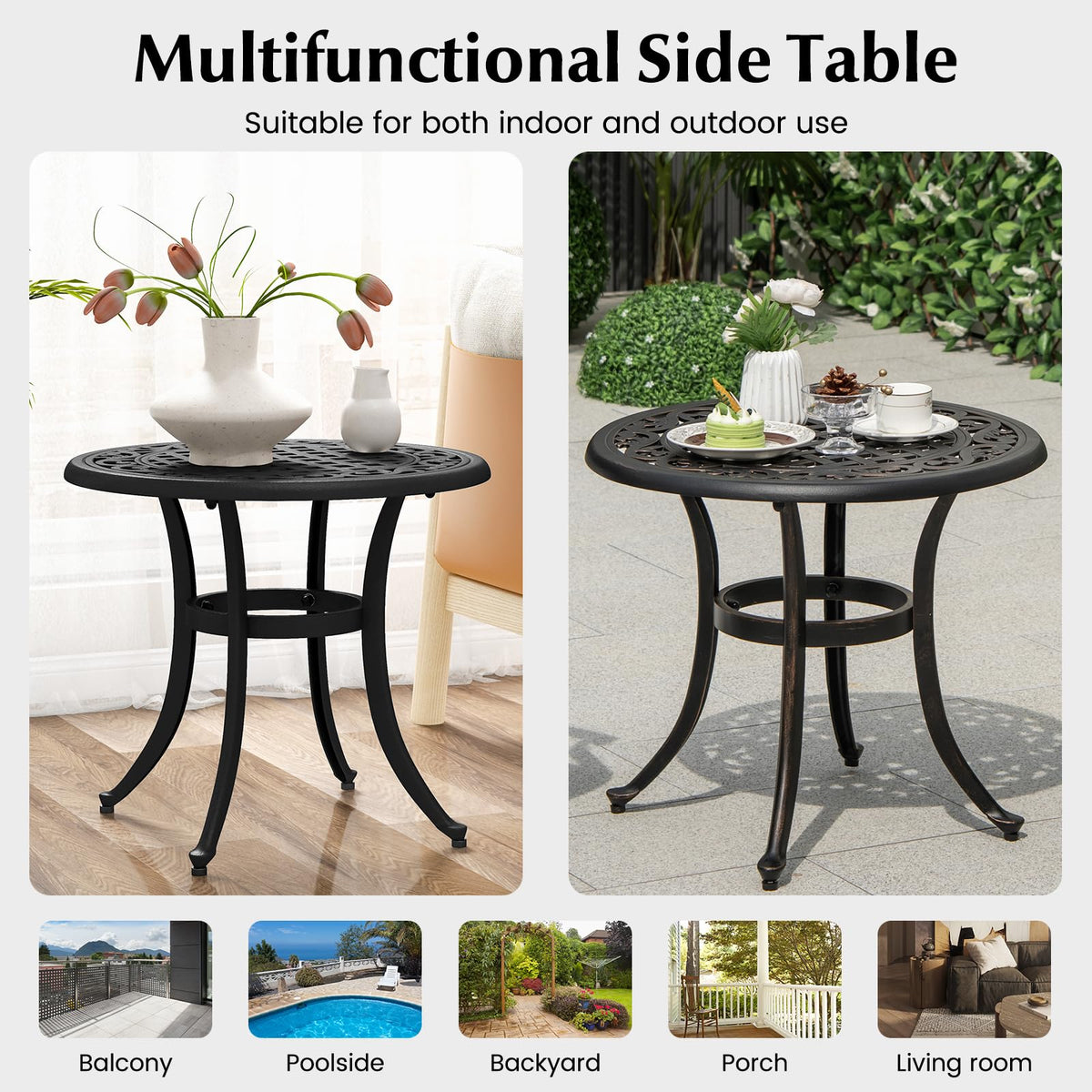 Cast Aluminum Patio Table, 60 CM Outdoor Round Side Table