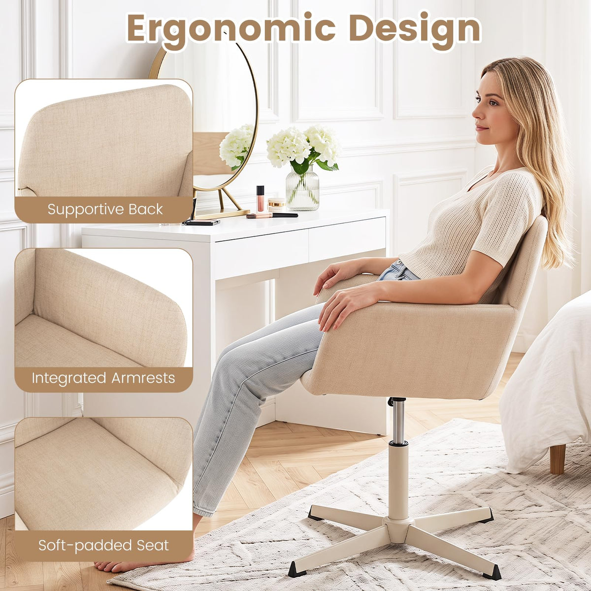 Giantex Vanity Chair with Back, 360° Swivel Armchair w/Adjustable Height