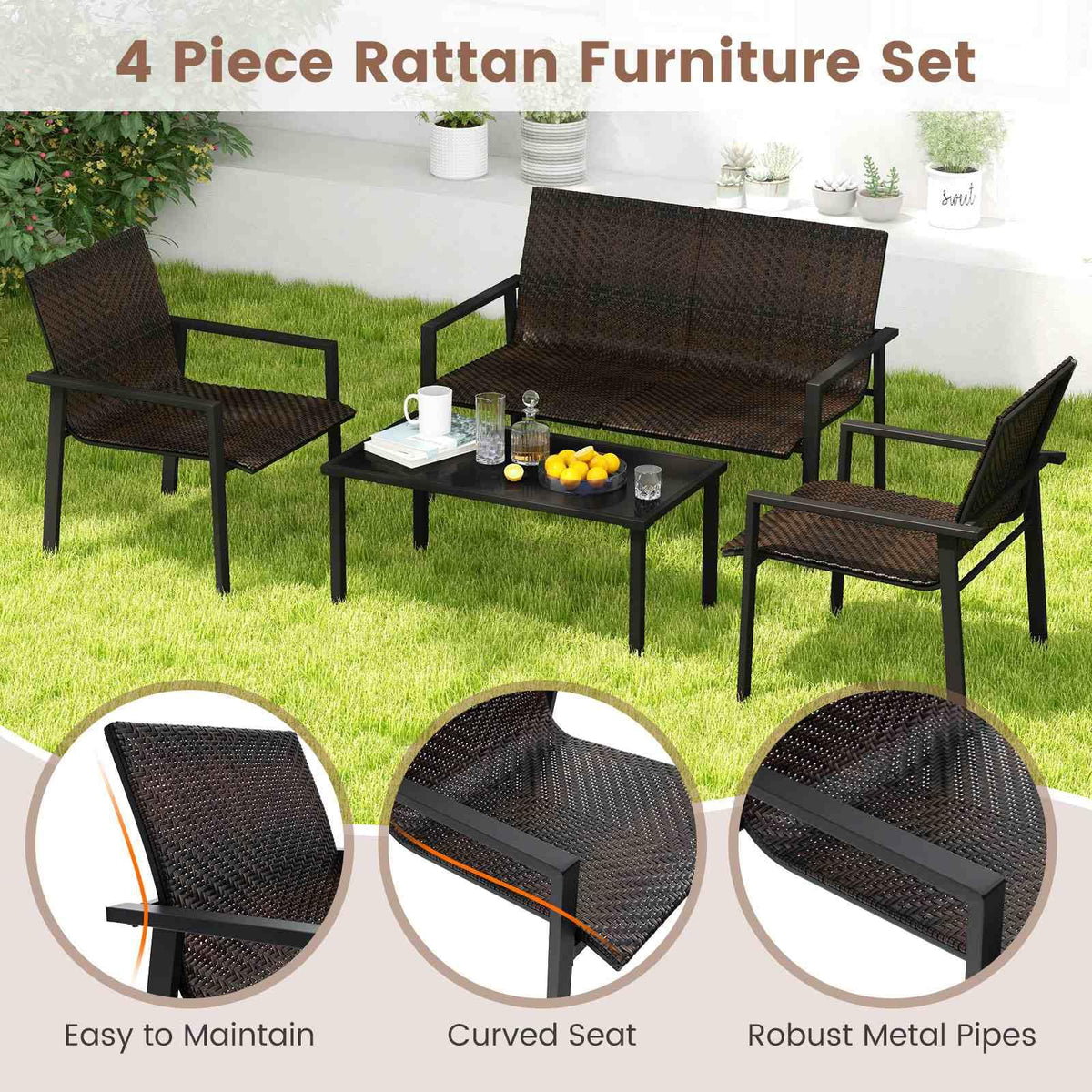 4 Pieces Patio Furniture Set for Small Space Balcony Poolside