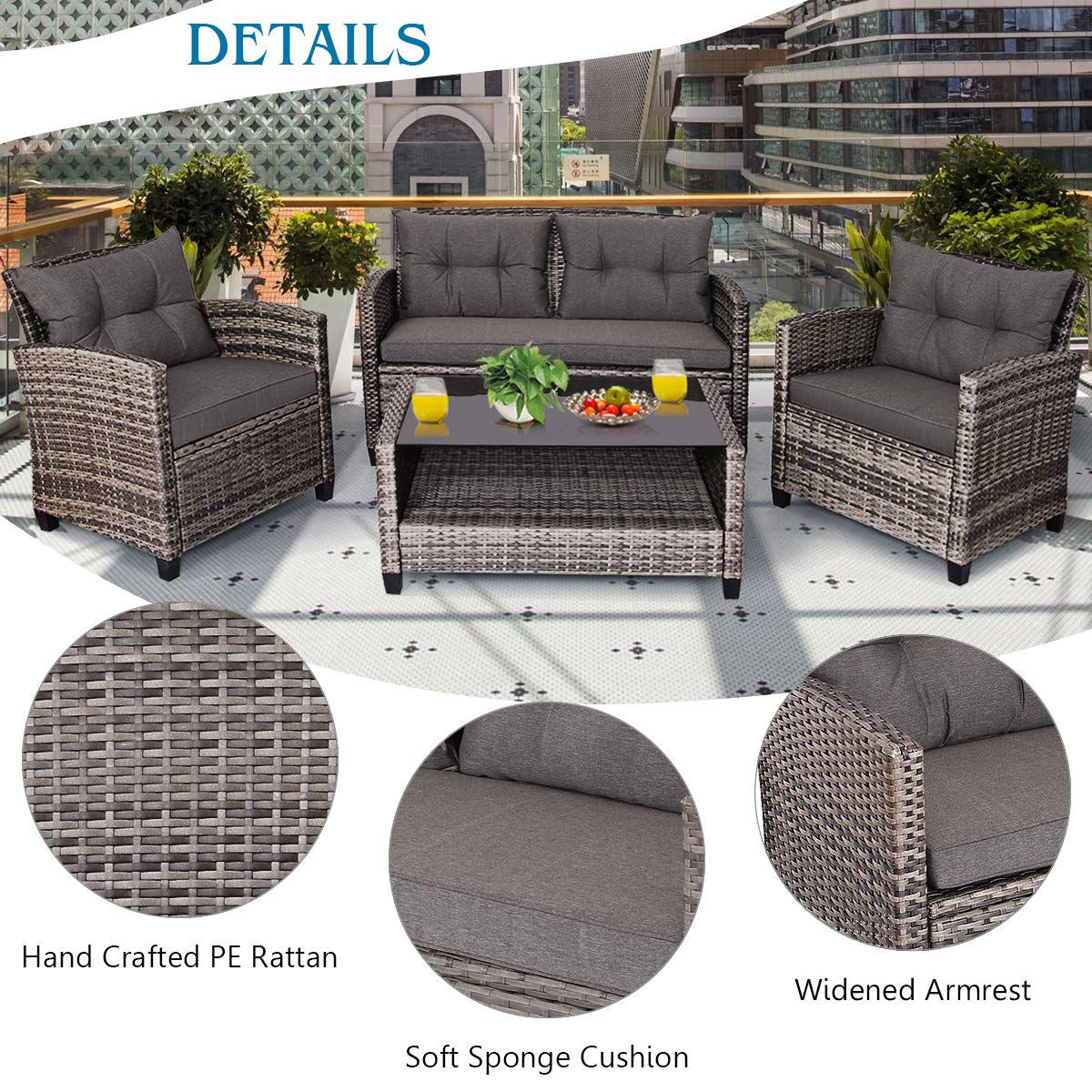 Outdoor Furniture Sofa Set, 4 Pcs Patio Rattan Conversation Set, w/ Tempered Glass Tabletop & Soft Cushions, Mixed Gray