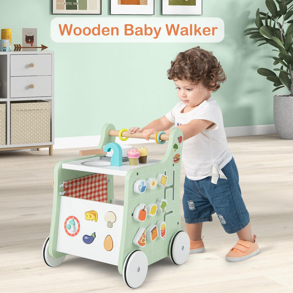 6-in-1 Toddler Push and Pull Walker with Play Kitchen for Kids-Green