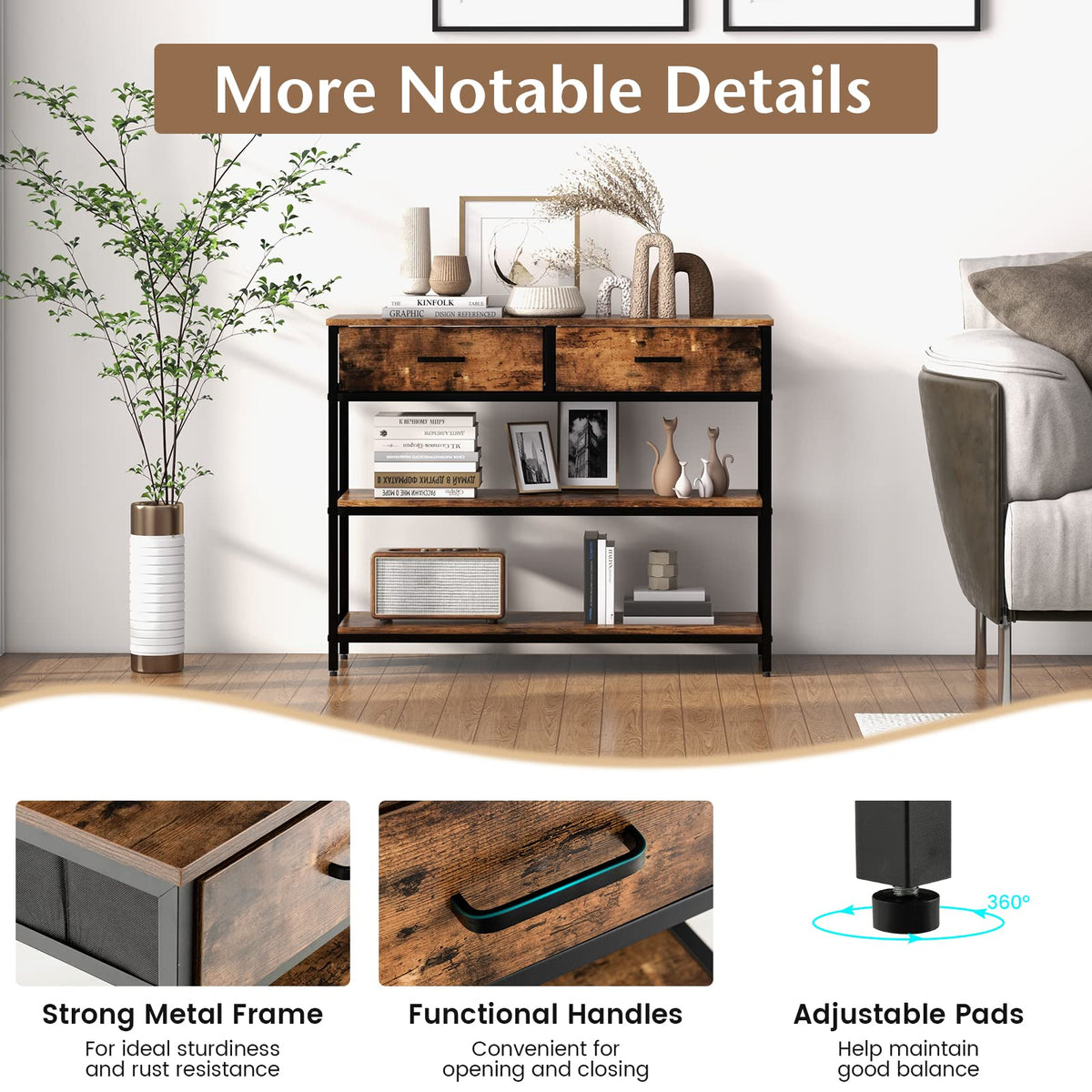 Giantex 100CM Console Table, Behind Couch Table with 2 Folding Fabric Drawers & Shelves , Rustic Brown