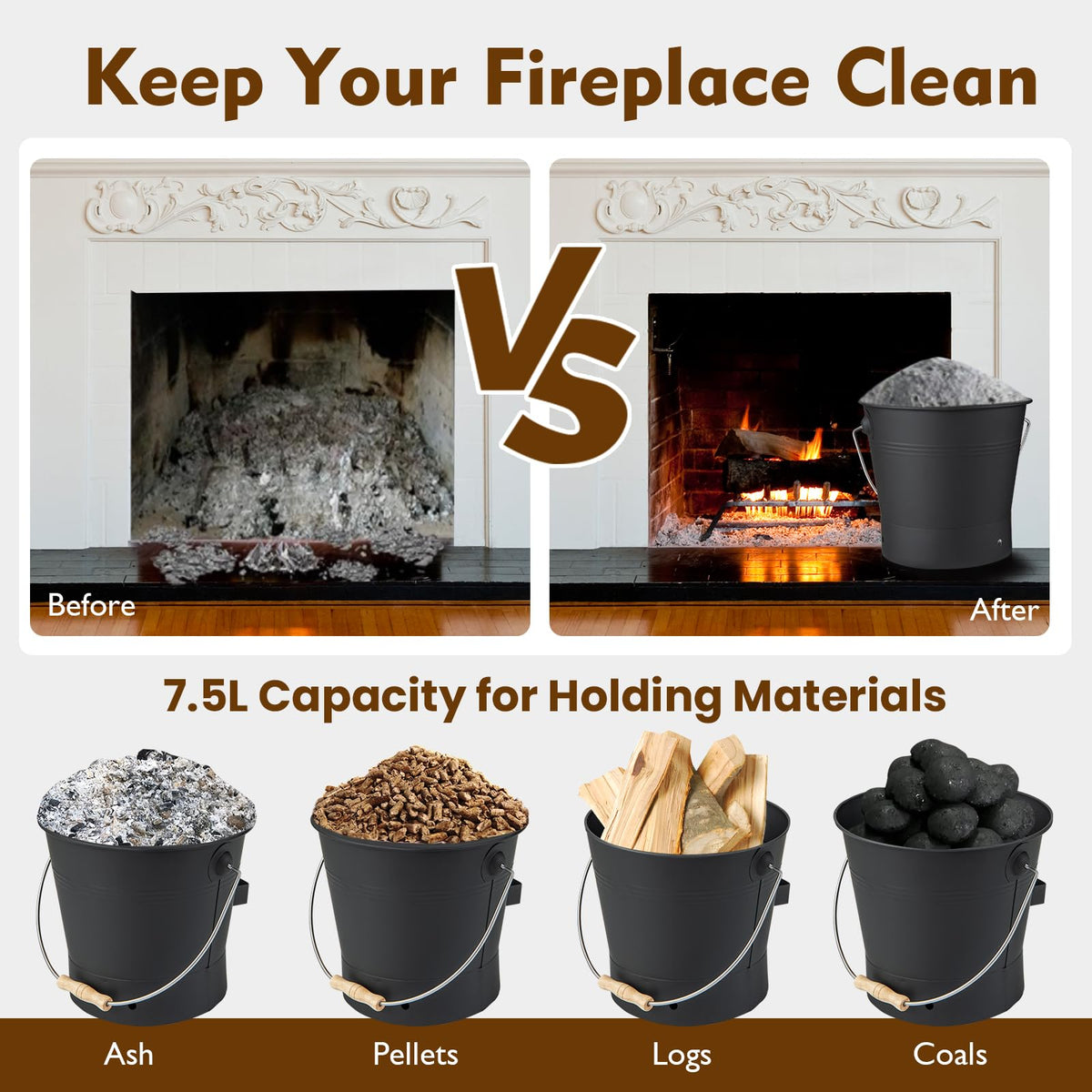 Fireplace Ash Can with Handle Gloves and Tools for Wood Burning Stoves