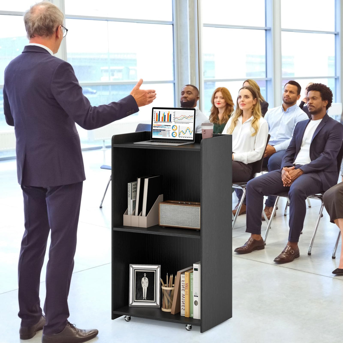 Giantex Rolling Lectern Stand, 105cm Presentation Podium with 2 Storage Shelves