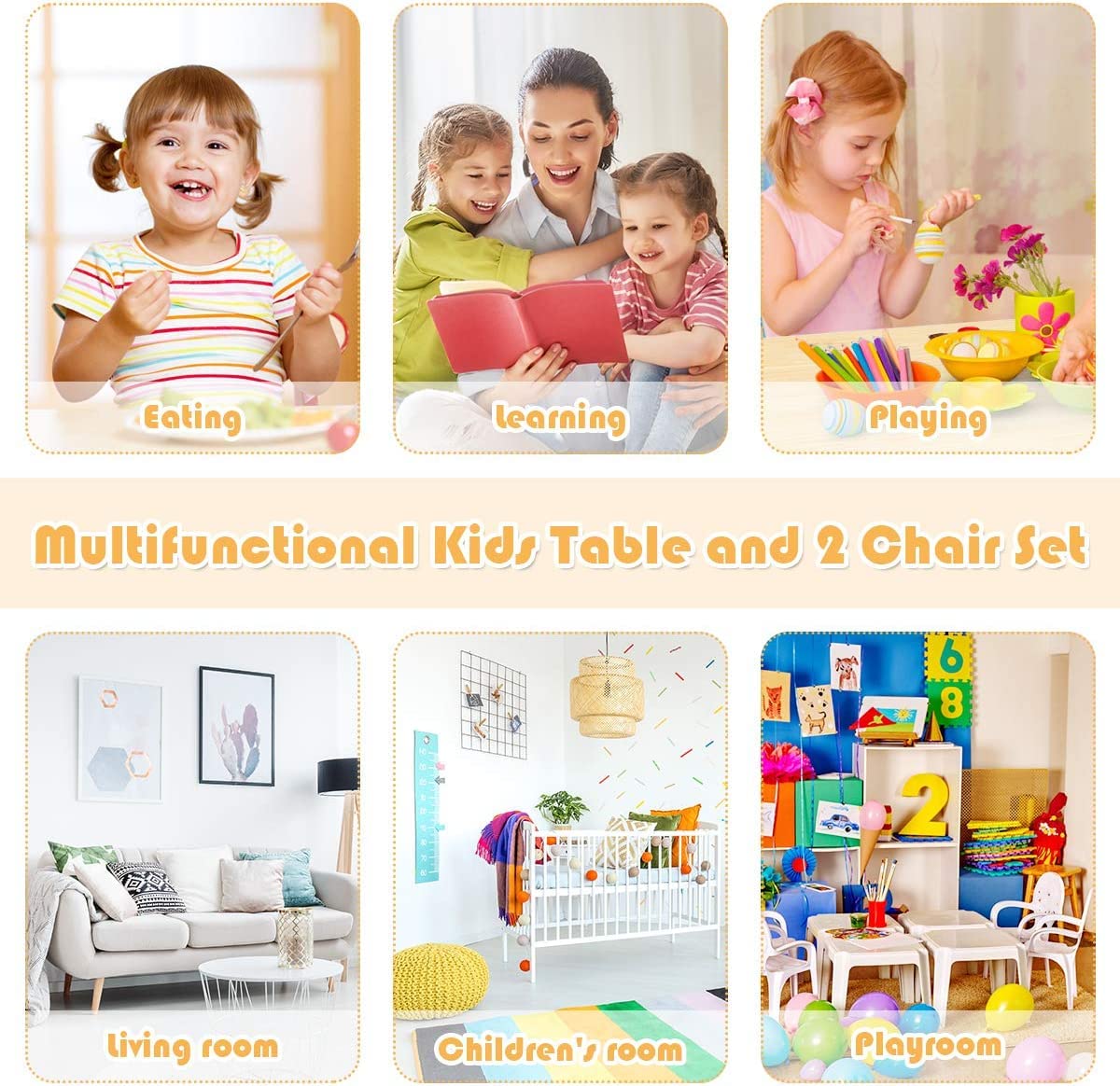 Kids Table and 2 Chairs Set with Pine Wood Legs for Playing & Learning & Eating