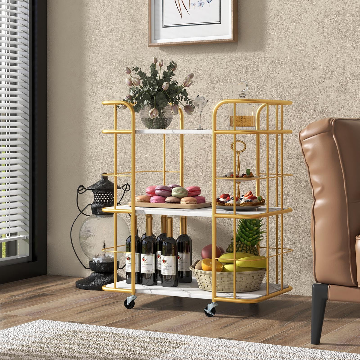 Giantex Gold Bar Cart, Home Island Service Cart, 3 Tier Storage Shelves
