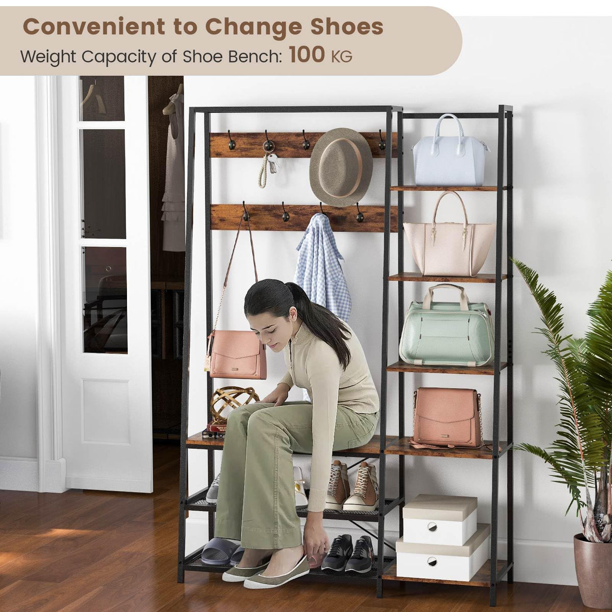 Hall Tree with Storage Bench with 9 Hooks 5 Side Shelves and 2 Mesh Shelves
