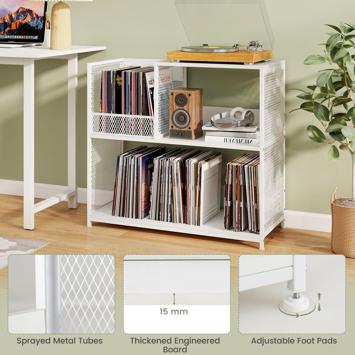 3-Tier Record Player Stand Turnable Vinyl End Table w/ 3 Removable Dividers