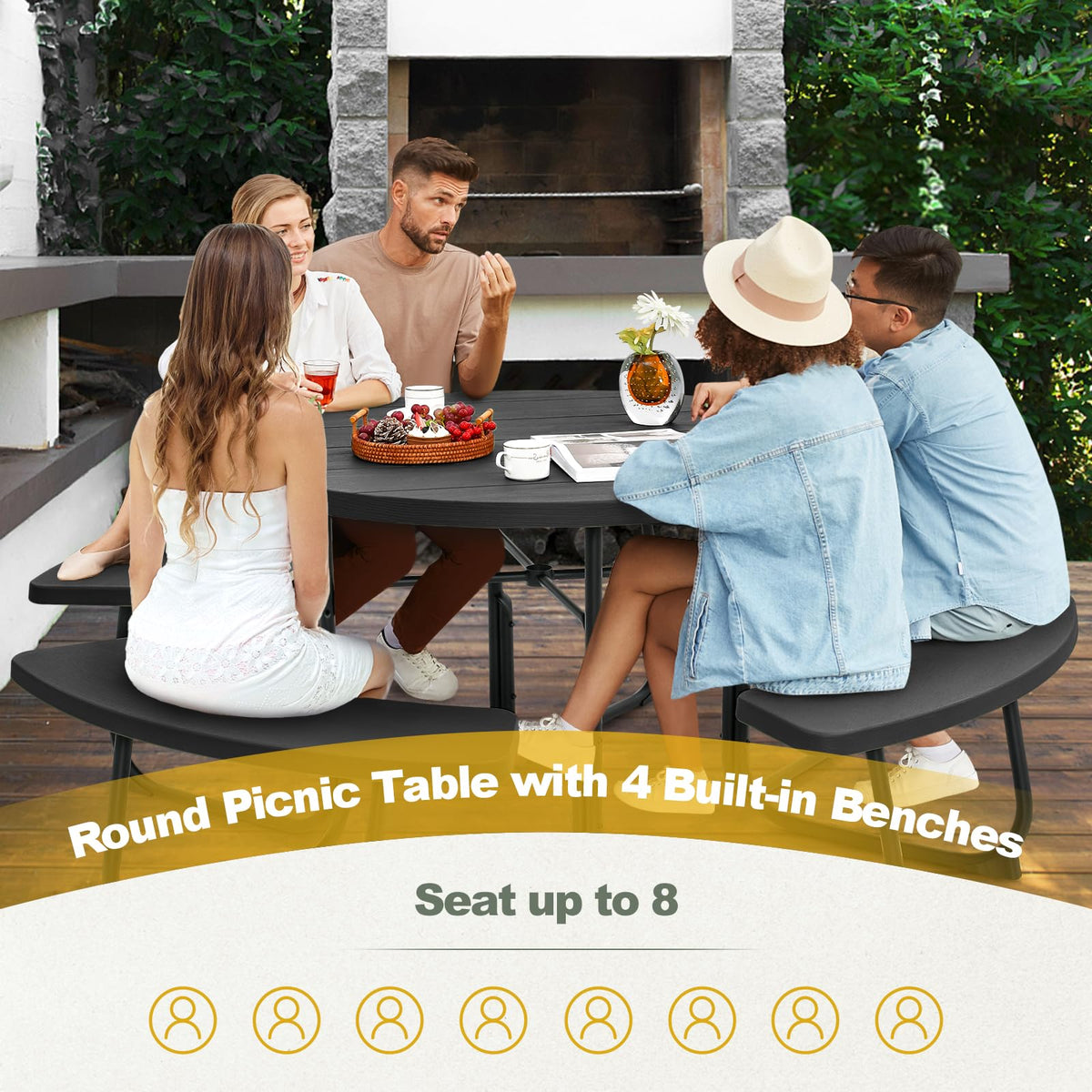 8-Person Round Picnic Table Bench Set