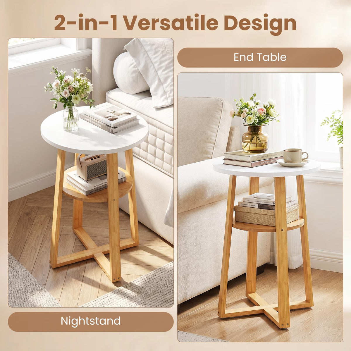 Giantex Round Side Table Set of 2 with Lower Shelf, Solid Bamboo Frame