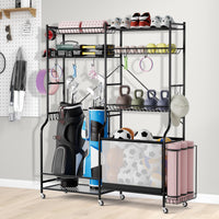 Sports Equipment Organizer for Garage, Metal Ball Storage Rack, Golf Bag Holder with Yoga Mat Holder