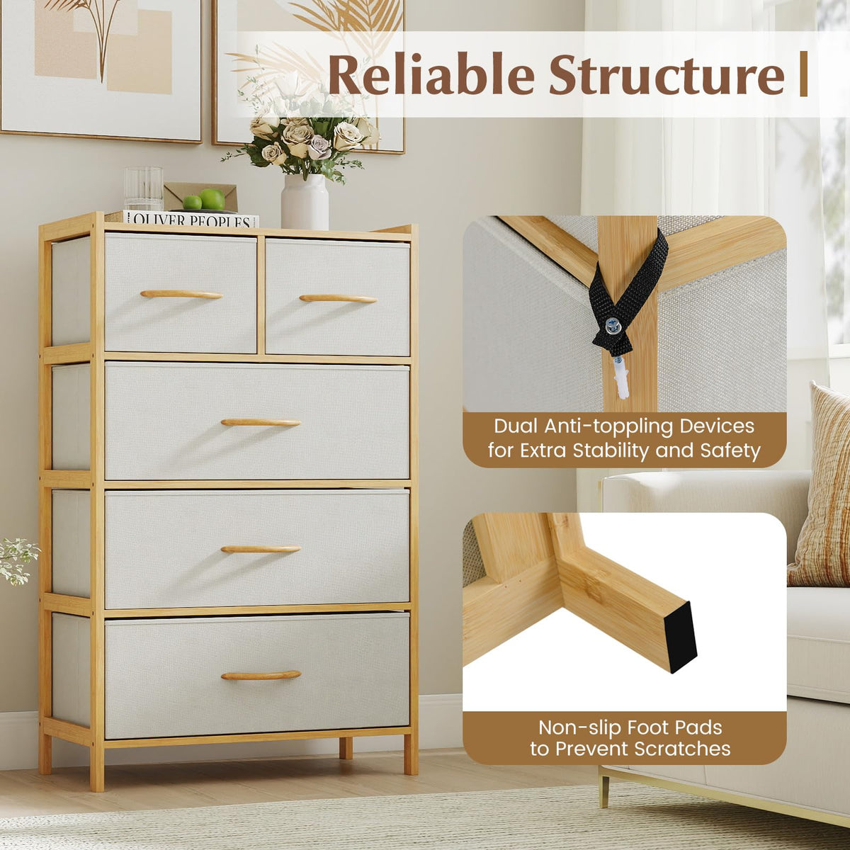 Giantex 5-Drawer Dresser for Bedroom, Bamboo Storage Tower with 5 Foldable Fabric Drawers