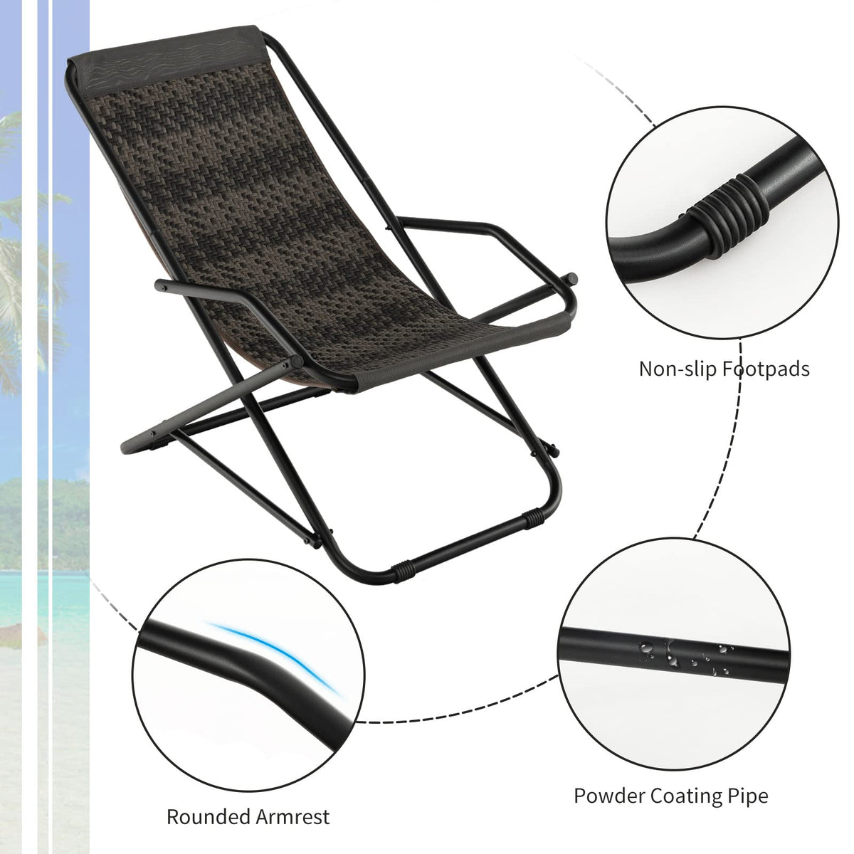 Outdoor PE Wicker Folding Sling Chair with Armrests and Metal Frame