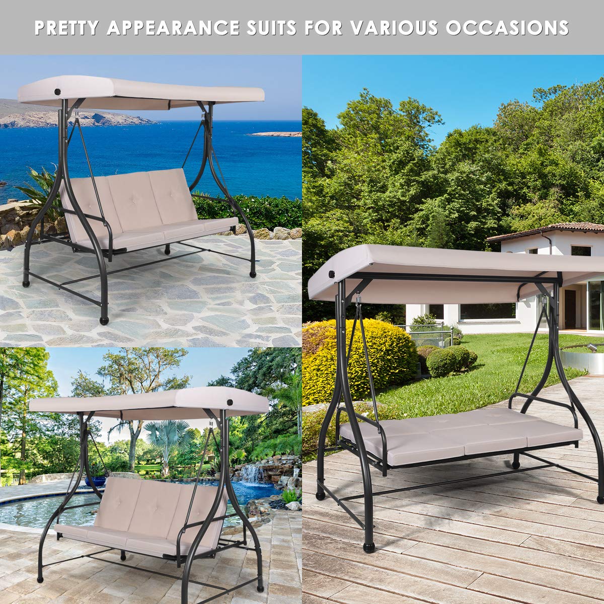 3-Person Convertible Canopy Swing with 3 Comfortable Cushion Seats for Garden & Balcony
