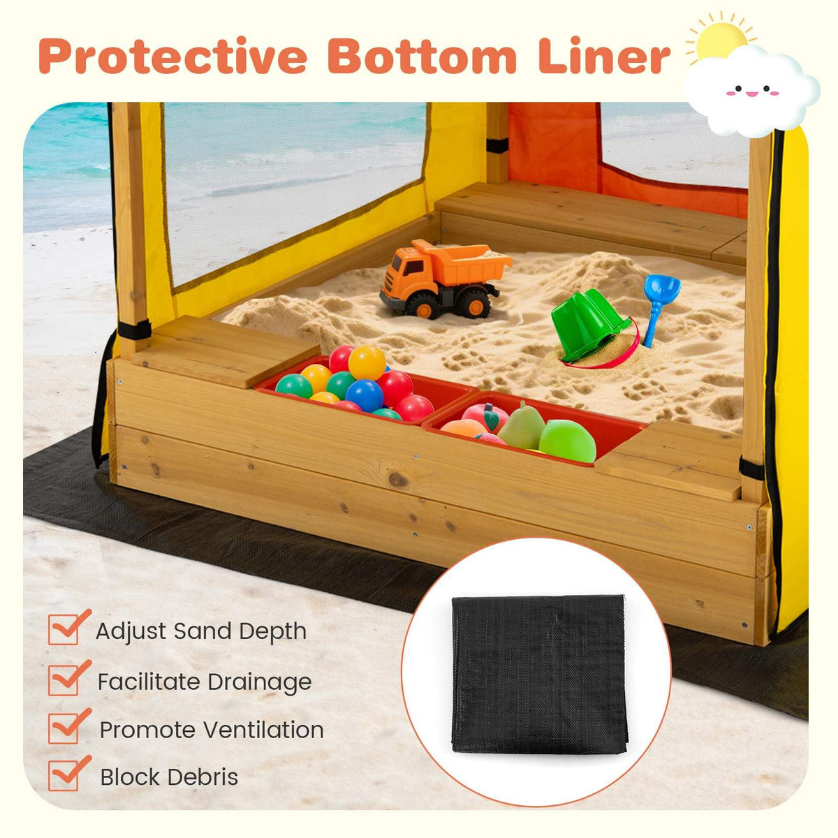 Kids Wooden Sandbox with Canopy, Outdoor Large Fir Wood Playhouse w/Bottom Liner