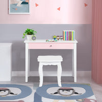 Kids Vanity Table and Chair Set, Princess Makeup Dressing Table with Drawer & Tri-Folding Mirror