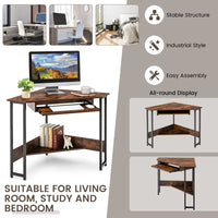 Giantex Corner Desk, 90-Degree Triangle Corner Computer Desk w/Keyboard Tray for Small Space, Rustic Brown & Black