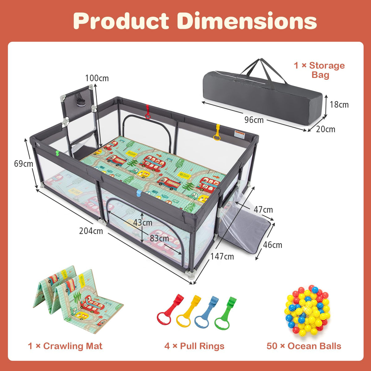 Baby Playpen with Double-Sided Mat, 204 × 147 cm Baby Playard w/Basketball Hoop, Soccer Nets, 4 Pull Rings, 50 Ocean Balls