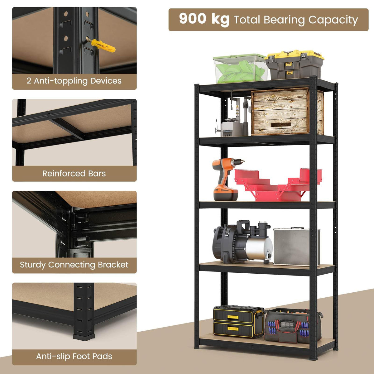 5-Tier Heavy Duty Metal Shelving Unit Adjustable Garage Storage Utility Shelves